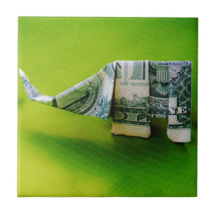 Dollar bill origami Elephant on Green background Tile