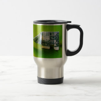 Dollar bill origami Elephant on Green background Travel Mug