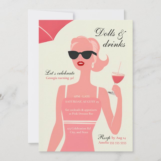 Dolls & Drinks 30th Birthday Cocktail Party Invitation (Front)