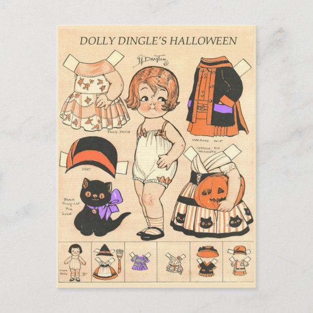 Dolly Dingle's Halloween Paper Dolls 🎎  Holiday Postcard (Front)