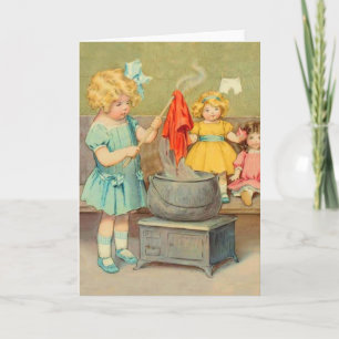 Dolly Laundry Girl Vintage Playing Dolls Cute Card