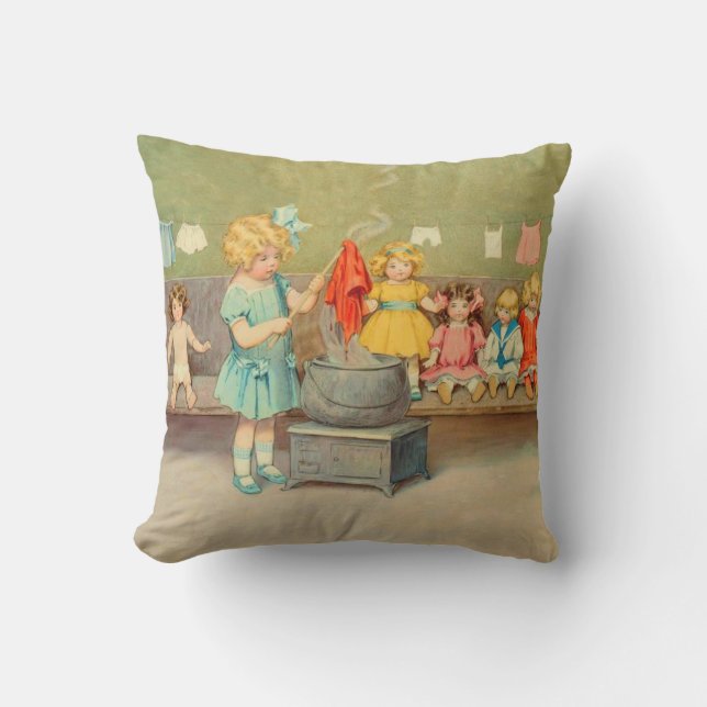 Dolly Laundry Girl Vintage Playing Dolls Cute Cushion (Front)