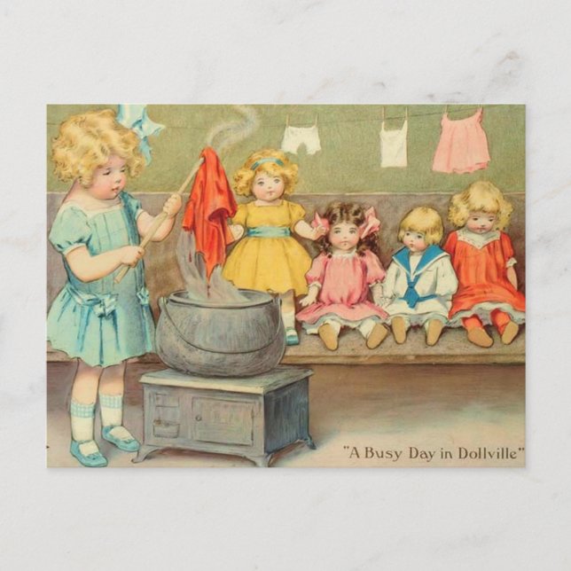 Dolly Laundry Girl Vintage Playing Dolls Cute Postcard (Front)