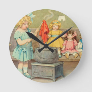 Dolly Laundry Girl Vintage Playing Dolls Cute Round Clock