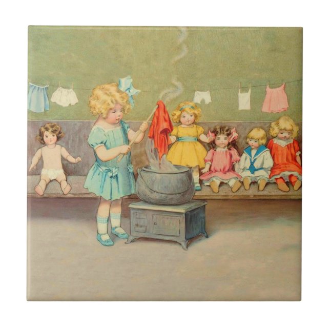 Dolly Laundry Girl Vintage Playing Dolls Cute Tile (Front)