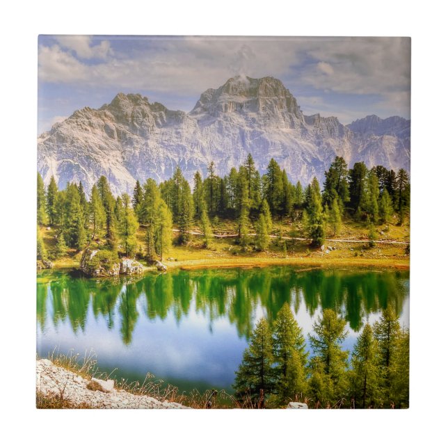 Dolomite Mountains and Lake Stunning Landscape Tile (Front)