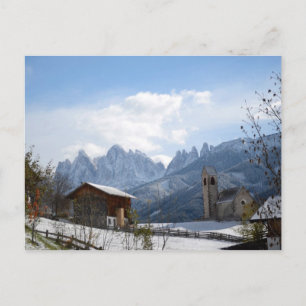 Dolomites church in winter postcard