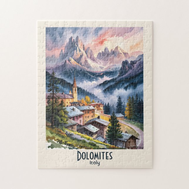 Dolomites Italy Alps Mountain Landscape Watercolor Jigsaw Puzzle (Vertical)
