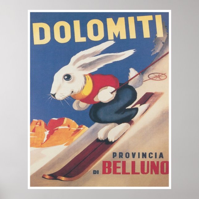 Dolomites Italy Ski Bunny Vintage Travel Ski Poster (Front)