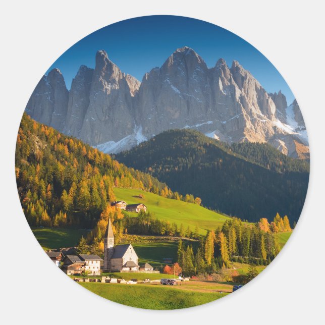 Dolomites village in fall round sticker (Front)