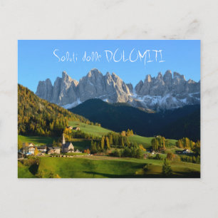 Dolomites village in fall 'saluti' postcard