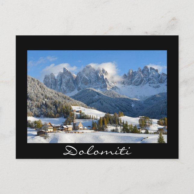 Dolomites village in winter black text postcard (Front)