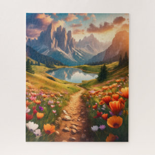 Dolomites Vintage-Style Travel Poster with Lake Jigsaw Puzzle