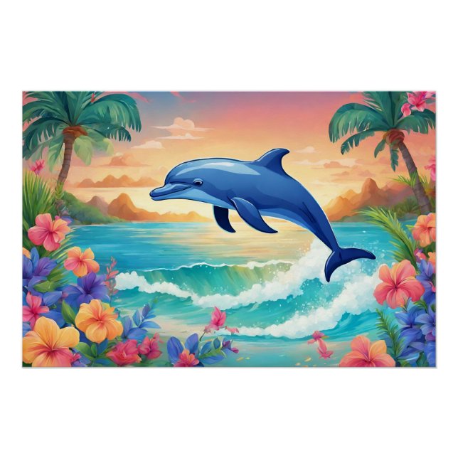 Dolphin and Beautiful Tropical Island, Hibiscus Poster (Front)
