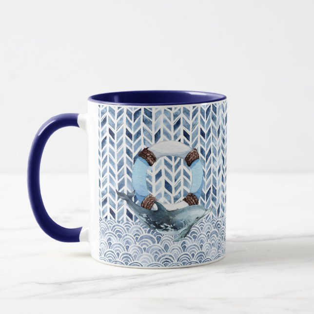 Dolphin and lifebuoy on maritime pattern mug (Left)