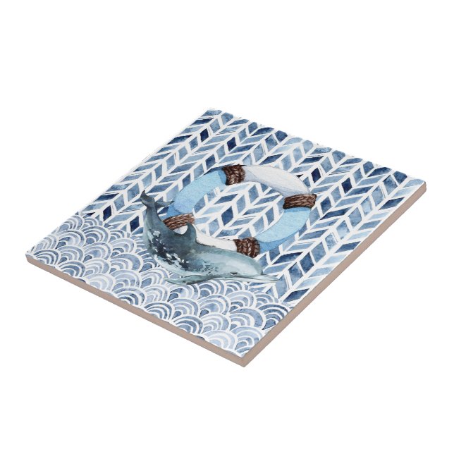 Dolphin and lifebuoy on maritime pattern  tile (Side)