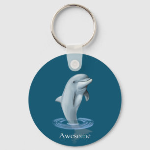 Dolphin and Text on Ocean Blue Key Ring
