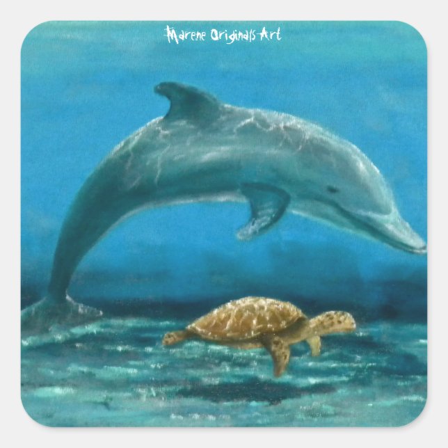 Dolphin and Turtle swimming together ! Square Sticker (Front)