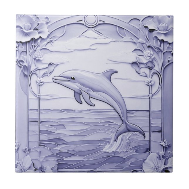 Dolphin Art Nouveau Faux Relief Blue & White Left Tile (Front)