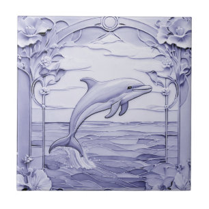 Dolphin Art Nouveau Faux Relief Blue & White Right Tile
