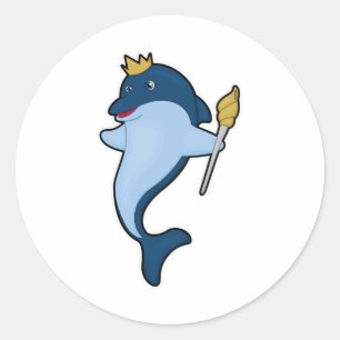 Dolphin as King with Staff & Crown Classic Round Sticker