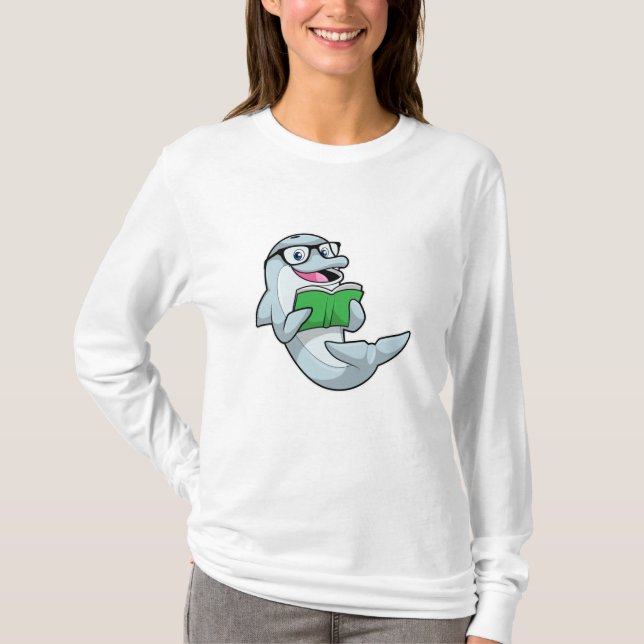 Dolphin as Nerd with Glasses & Book T-Shirt (Front)