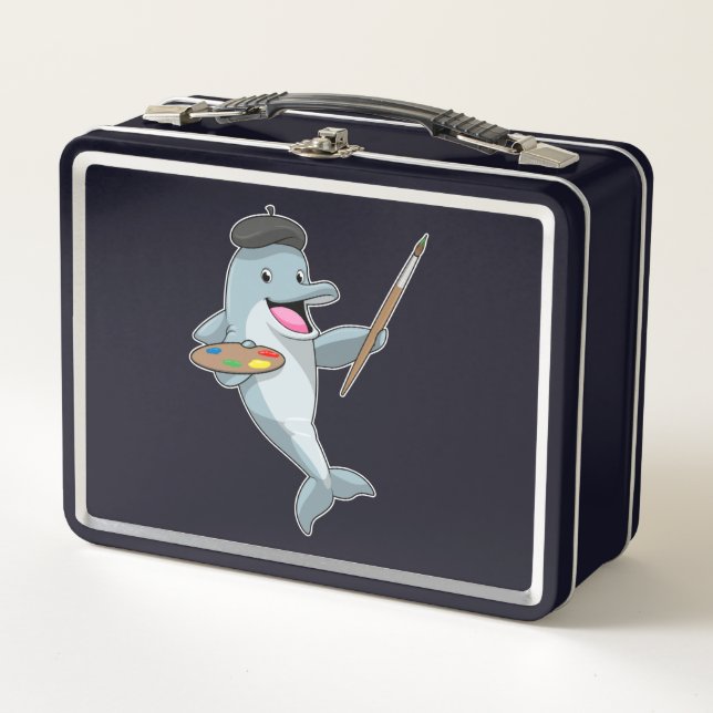 Dolphin as Painter with Paint brush & Color Metal Lunch Box (Front)