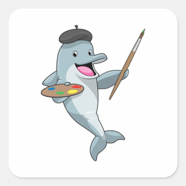 Dolphin as Painter with Paint brush & Color Square Sticker (Front)