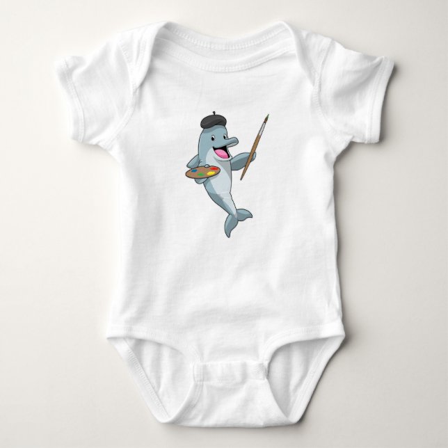 Dolphin as Painter with Paint brush & Colour Baby Bodysuit (Front)