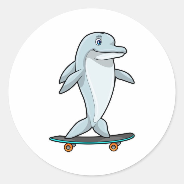 Dolphin as Skater with Skateboard Classic Round Sticker (Front)
