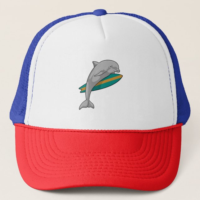 Dolphin as Surfer with Surfboard Trucker Hat (Front)