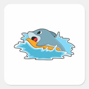 Dolphin at Surfing with Surfboard Square Sticker