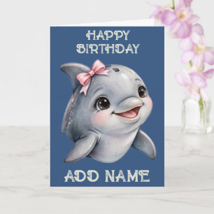 Dolphin: Baby Animal Pastel bow Birthday Card