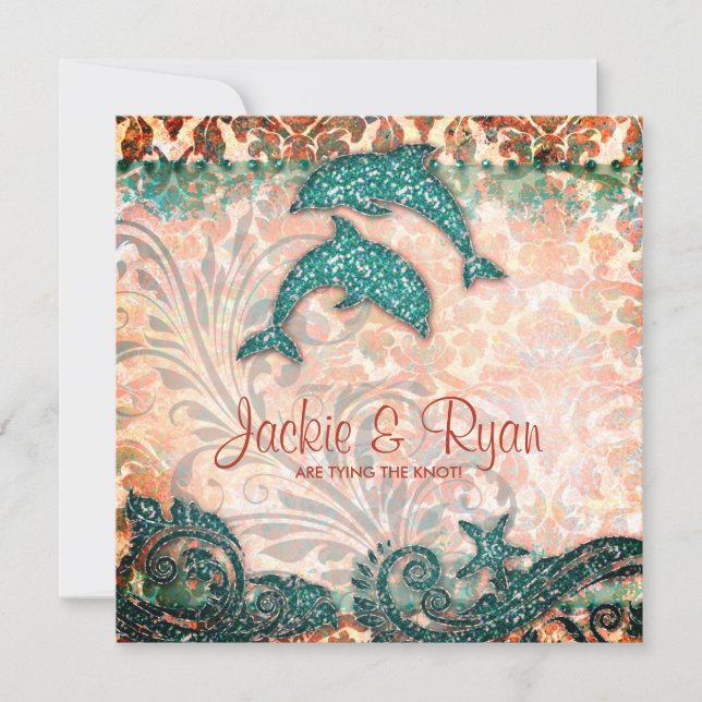 Dolphin Beach Wedding Autumn Teal Invitation (Front)