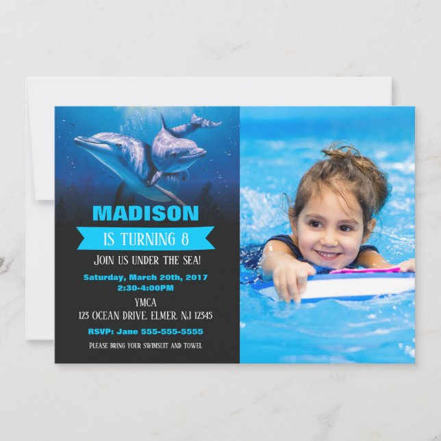 Dolphin Birthday Photo Invitation Pool Party (Front)