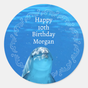 Dolphin Blue Ocean 10th Birthday Party Classic Round Sticker