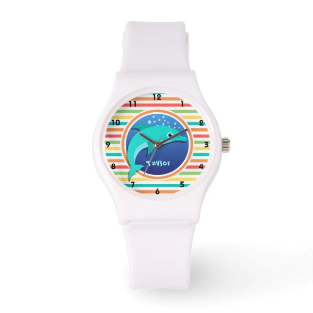 Dolphin; Bright Rainbow Stripes Watch (Front)
