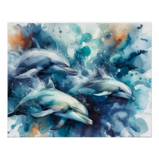 Dolphin Burst Watercolor and Digital Poster