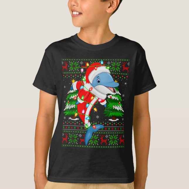 Dolphin Christmas Lights Santa Costume Ugly Xmas S T-Shirt (Front)