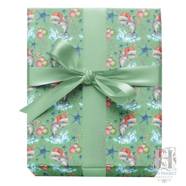 Dolphin Christmas Wrapping Paper in Green (Creator Uploaded)