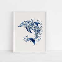 Dolphin – Coastal Blue on Beige Wall Art