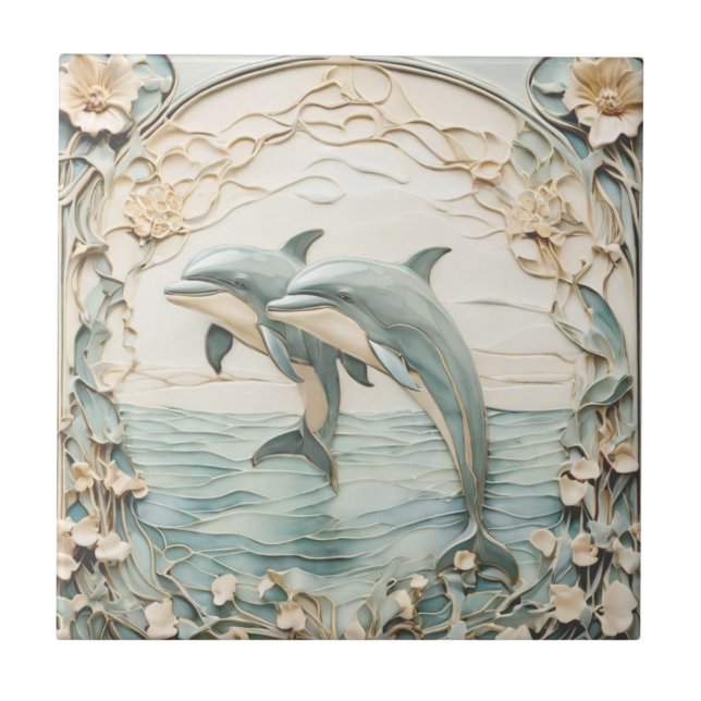 Dolphin Couple Art Nouveau Faux Relief 2 Dolphins Tile (Front)