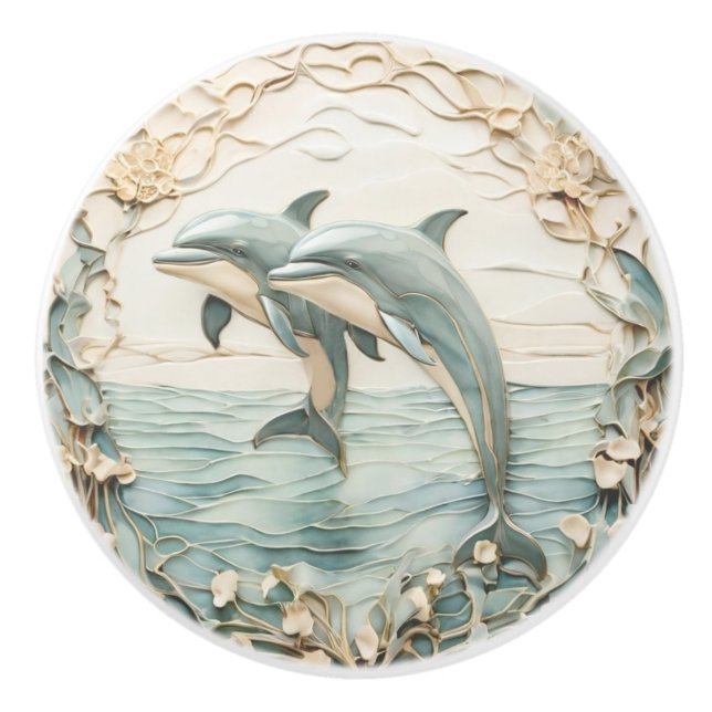 Dolphin Couple Art Nouveau Faux Relief left facing Ceramic Knob (Front)