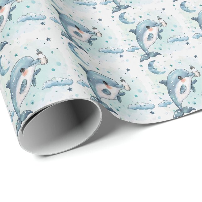 Dolphin Cute Baby Pastel Watercolor Pattern  Wrapping Paper (Roll Corner)