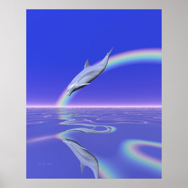 Dolphin Diving with Rainbow Poster (Front)