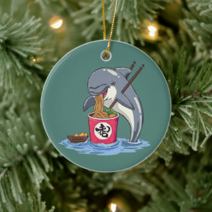 Dolphin Eating Ramen Illustration Ceramic Tree Decoration