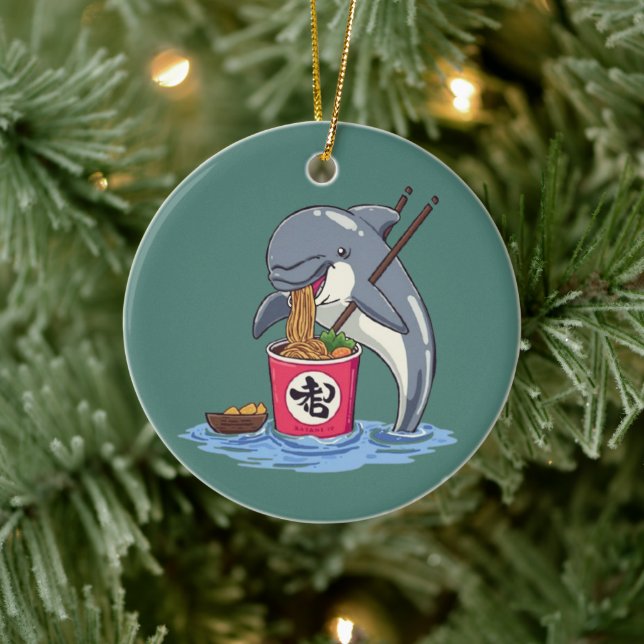 Dolphin Eating Ramen Illustration Ceramic Tree Decoration (Tree)