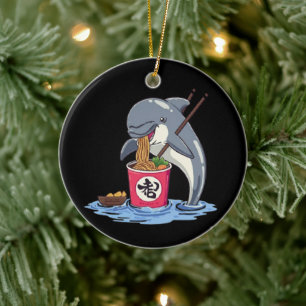 Dolphin Eating Ramen Illustration Ceramic Tree Decoration