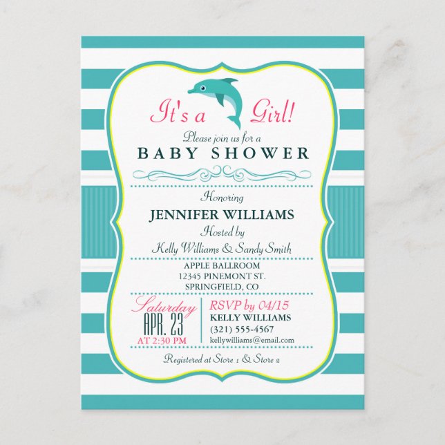 Dolphin, Elegant, Nautical Theme Baby Shower Invitation Postcard (Front)