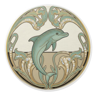 Dolphin Green Cream & Gold Art Deco Nouveau Ocean Ceramic Knob
